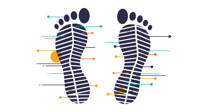 Detailed reflexology chart features two stylized human footprints with lines and colored dots indicating different pressure points for health.