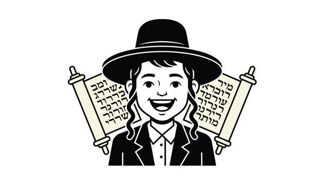 Cartoon illustration of a cheerful jewish boy with sidelocks wearing a black hat in front of open scroll documents.