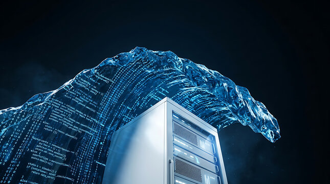 Digital data server rack with surging binary code water wave concept