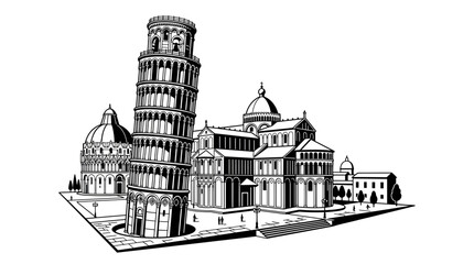 Obraz premium Leaning Tower of Pisa Landmark Italy Black and White Line Art Illustration