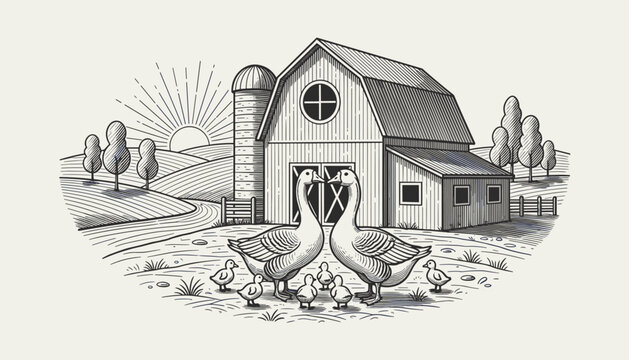 Idyllic countryside farm landscape engraving with a rustic barn, rising sun, and a goose family with cute little goslings.