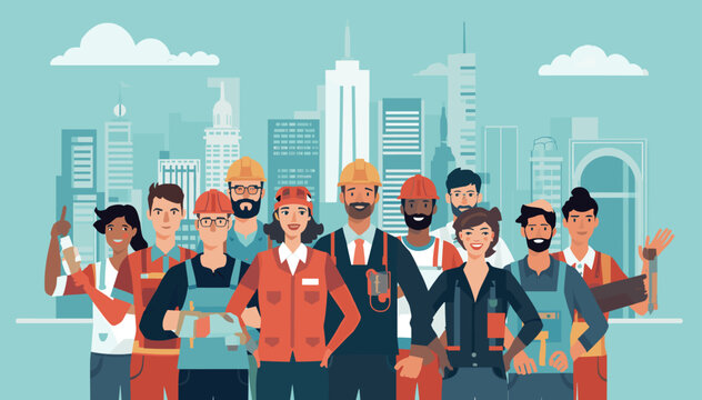A diverse group of skilled workers and professionals from various trades standing together in front of a modern city skyline, representing a strong workforce and industry.