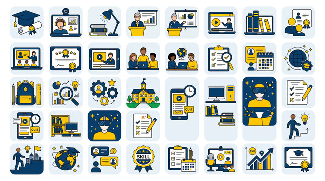 Online Education Icons Set: Learning, Graduation, Digital Classroom, Skills