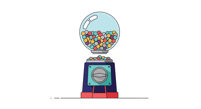 Classic gumball machine filled with vibrant multi-colored candies standing on a red base against a white background.