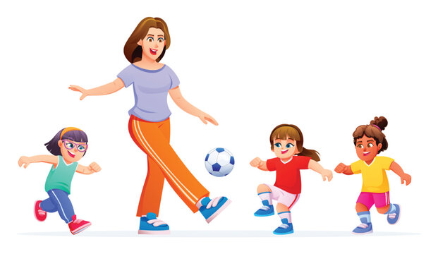 Cheerful woman playing soccer with three little girls on white background. Vector cartoon illustration