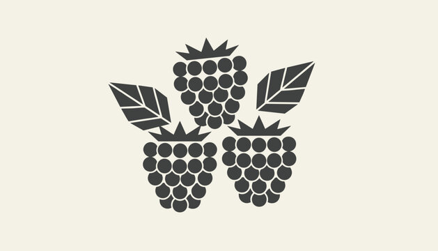 Simple graphic illustration of three ripe blackberries with leaves on a light cream background.