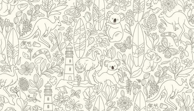 Seamless line art pattern featuring Australian icons like kangaroo, koala, emu, lighthouse, surfboards, and boomerangs.