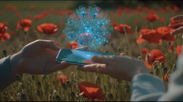 Hands holding smartphone with blue light.