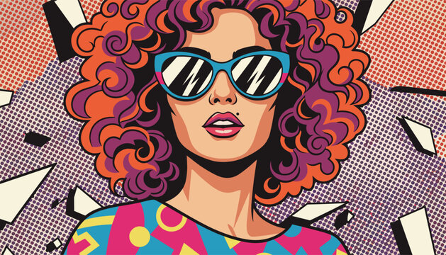 Pop art retro illustration of beautiful woman with colorful curly hair wearing stylish sunglasses on dotted comic background.