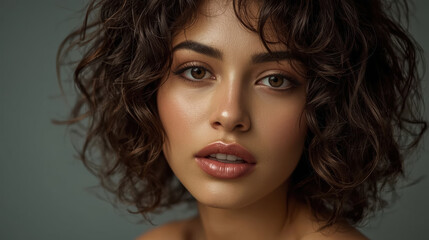 Naklejka premium Young woman portrait soft curls glowing skin close up intimate expression