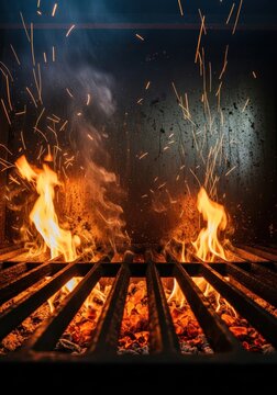 Close-up of Burning Charcoal Grill with Bright Orange Flames and Flying Sparks for BBQ Background