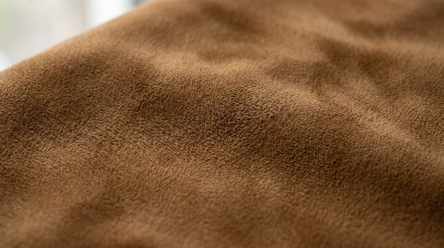 Close up of soft brown suede fabric texture with gentle folds and shadows