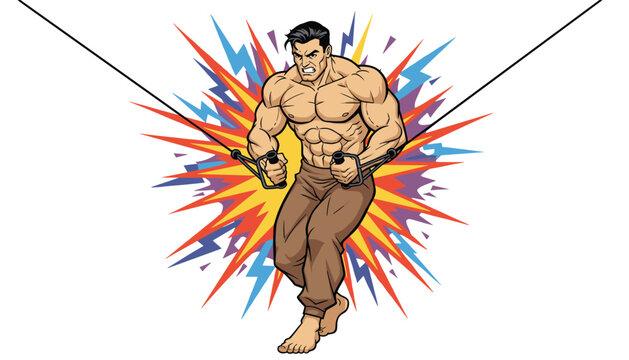 Muscular bodybuilder man working out on cable crossover machine, dynamic comic style fitness vector illustration with explosion.