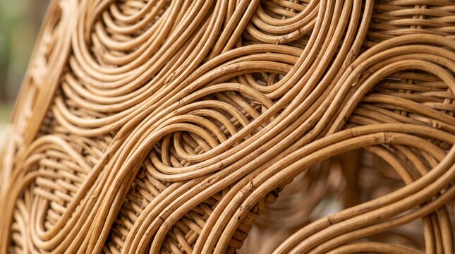 Close up of intricate woven rattan furniture detail with natural texture and warm tones