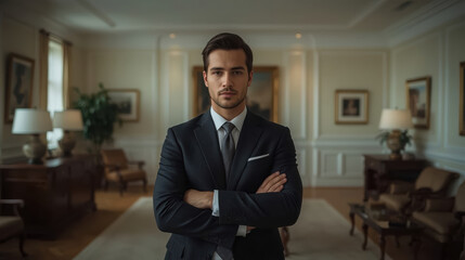 Fototapeta premium Young male lawyer standing confidently with crossed arms in elegant office interior