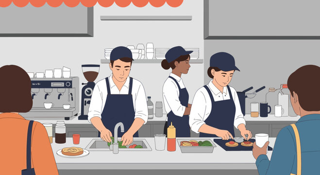Cafe Staff Working, Customers Ordering, Food Preparation