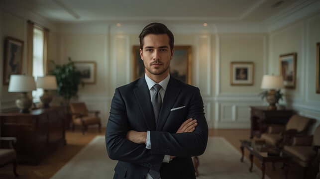 Young male lawyer standing confidently with crossed arms in elegant office interior