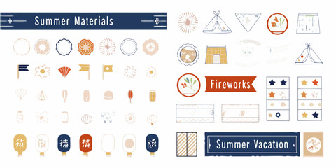 summer materials collection flat vector icons on white background tent lantern flag flower fireworks vacation festival japanese design pattern illustration graphic © Pabitra