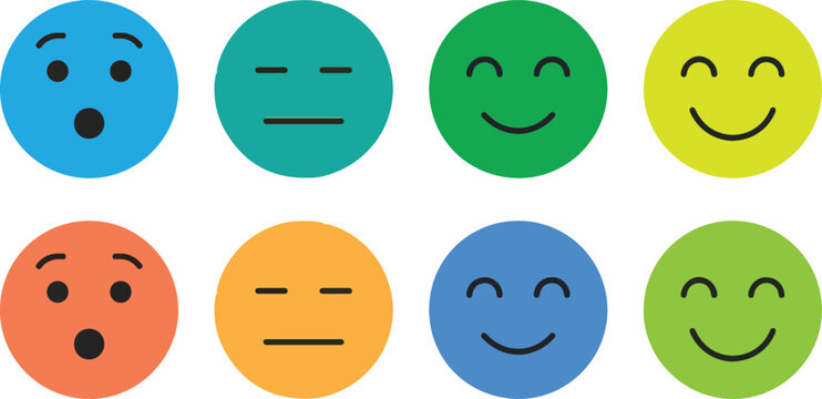 Colorful emoji face vector set with various expressions including happy, surprised, neutral, and excited emotions for communication design