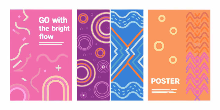 four vertical posters with vibrant geometric patterns on colored backgrounds colors layout abstract design circles waves zigzag colorful graphic art vector