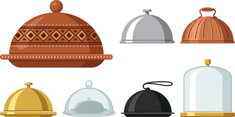 Food Cloche and Serving Platter Vector Set Featuring Various Traditional Ceramic Metallic Glass and Dome Cake Display Cover Illustrations for Restaurant Menus © MdMahedy