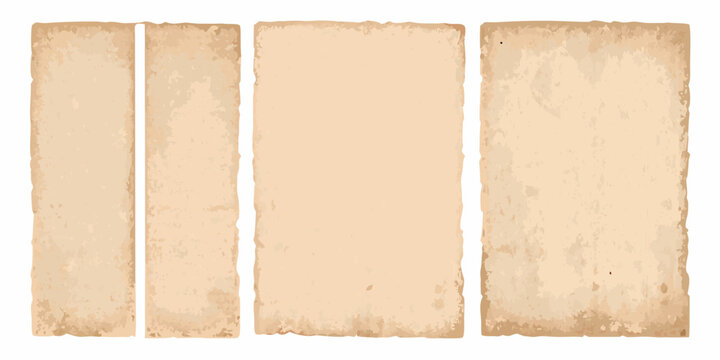 three vertical sheets of old beige manuscript paper on white background rectangular parchment document texture grunge antique vintage history archive library