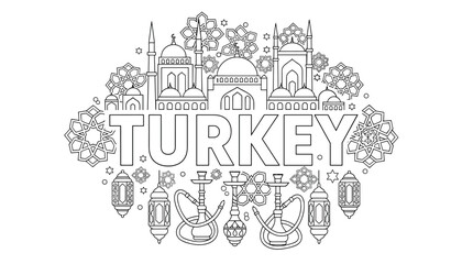 Obraz premium Detailed coloring page featuring prominent landmarks of Turkey with traditional lanterns hookahs and geometric patterns.