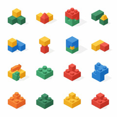 Colorful Isometric Lego Blocks in Various Configurations. © Rina