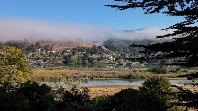 Scenic overlook of Jenner California with marine layer fog