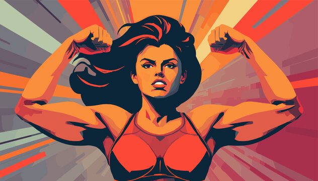 A powerful and determined woman flexing her biceps in a dynamic, comic book style illustration with a vibrant, energetic background.