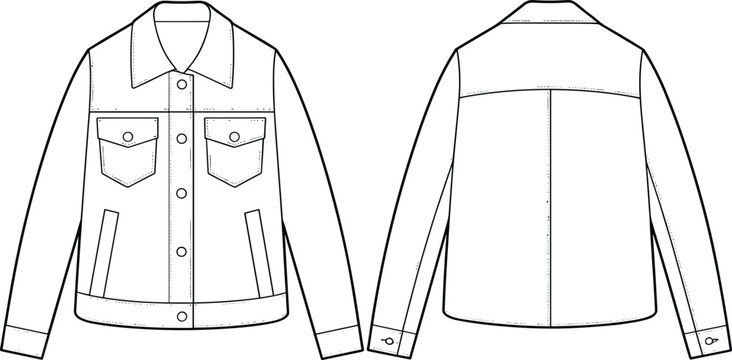 Front and Back View of a Denim Jacket Fashion Sketch on White Background illustration