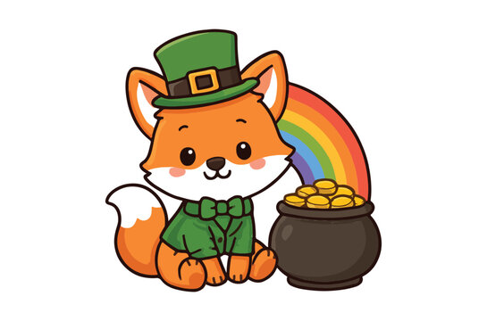Cartoon fox with pot of gold and rainbow vector illustration