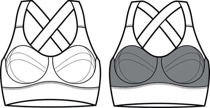 Front View of Two Sports Bras, One Outline and One Filled, on White Background vector illustration