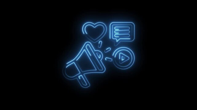 Glowing blue neon social media icons megaphone heart chat bubble play button on black background