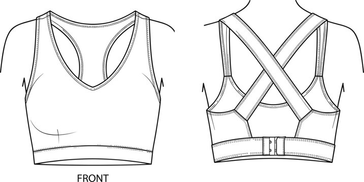 Technical Drawing of Sports Bra Front and Back Views with Strappy Back Detail athletic wear activewear