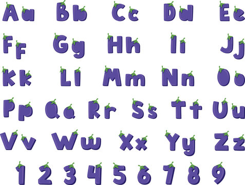 Purple eggplant themed alphabet with playful green stems. Letters and numbers styled like plump, glossy eggplants. Bright, fun design perfect for children's education or branding.