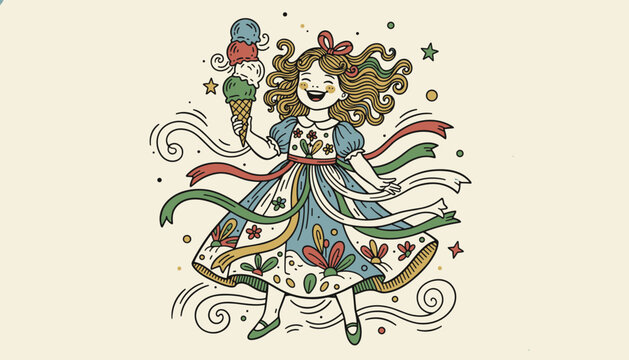 Cheerful little girl holding a large multi-flavored ice cream cone, dancing happily with flowing colorful ribbons.