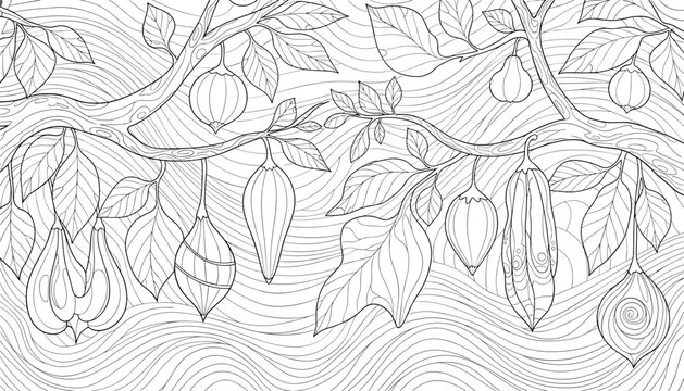 Detailed seamless pattern featuring dangling exotic fruits and pods on branches with delicate leaves, line art.