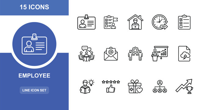 15 Employee linear icon set ID card, clipboard, home office, time, presentation, gift, career growth, UI and web interface design