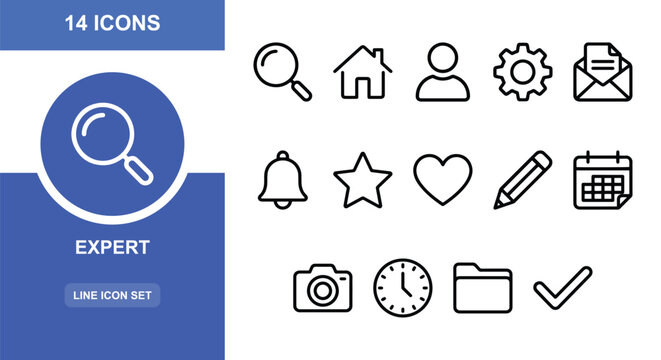 14 Basic linear icon set search house user gear mail bell star heart pencil calendar camera clock folder check, UI and web interface design