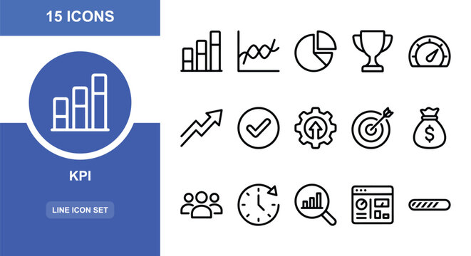 15 KPI linear icon set bar chart pie chart trophy speedometer growth chart, UI and web interface design