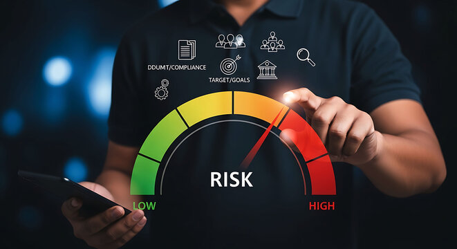 Businessman pointing at high risk level assessment speedometer on digital screen