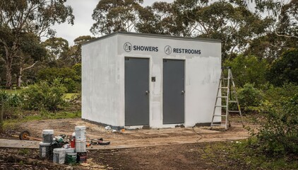Naklejka premium Medium shot focusing on renovation work showing fresh paint and updated signage on a standalone shower block in a natural park setting.