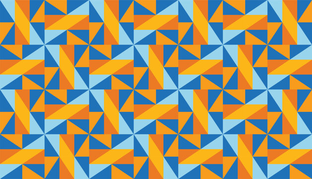 Seamless geometric pattern with abstract triangular shapes in blue, orange, and yellow.
