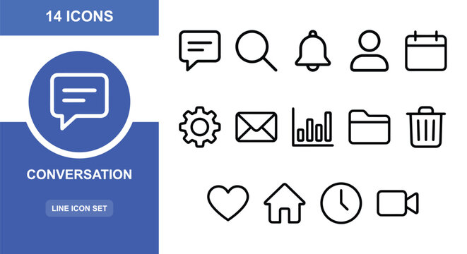 14 Conversation linear icon set chat message search bell user calendar settings mail chart folder trash heart home clock camera, UI web interface design