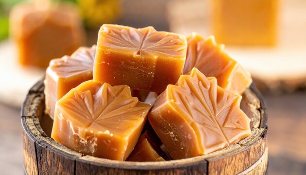 Artfully Crafted Maple Caramel Candies in Rustic Wooden Barrel Display