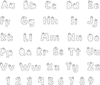 Strawberry shaped alphabet letters and numbers outlined in white. Each character has a sweet, curved design. Ideal for kid friendly projects, desserts, or playful branding.