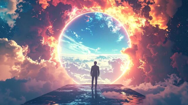 Man Standing Before a Cosmic Portal of Light and Clouds. Video