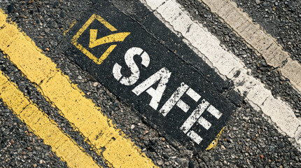 Fototapeta premium Safe road sign painted on asphalt, safety concept with checkmark symbol on street pavement, secure traffic and transportation background