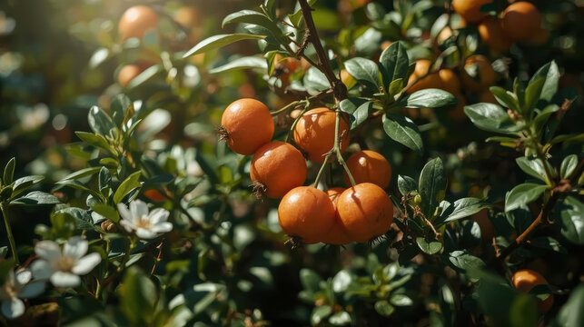 Ripe orange fruit close up glossy skin sunlit leaves warm mood